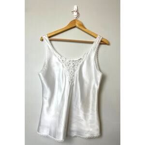 Vintage Cinema Etoile Women's White Satin Tank Crochet Trim Size Medium Slip